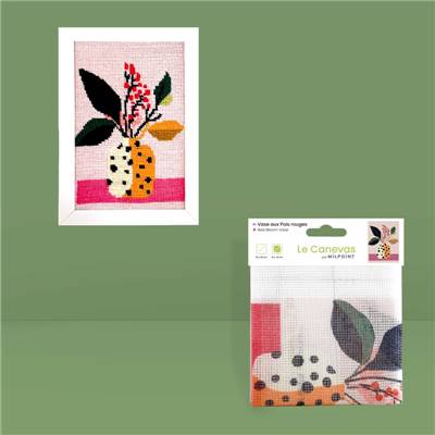 CANEVAS IMPRIME BLANC - DESSIN 15 X 20 CM - VASE AUX POIS ROUGES Broderie MILPOINT 