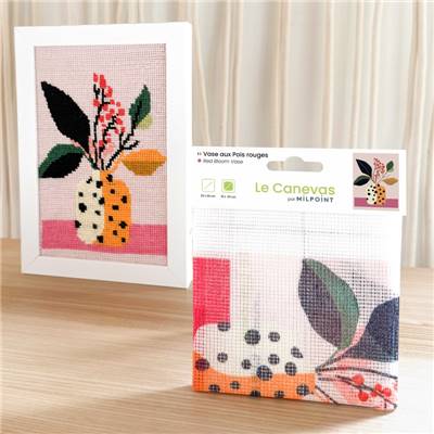 CANEVAS IMPRIME BLANC - DESSIN 15 X 20 CM - VASE AUX POIS ROUGES Broderie MILPOINT 