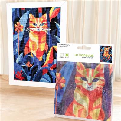 CANEVAS IMPRIME BLANC - DESSIN 20 X 30 CM - CHAT NOCTURNE Broderie MILPOINT 
