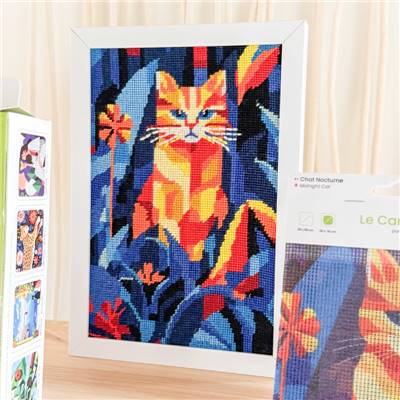 CANEVAS IMPRIME BLANC - DESSIN 20 X 30 CM - CHAT NOCTURNE Broderie MILPOINT 