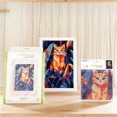 CANEVAS IMPRIME BLANC - DESSIN 20 X 30 CM - CHAT NOCTURNE Broderie MILPOINT 