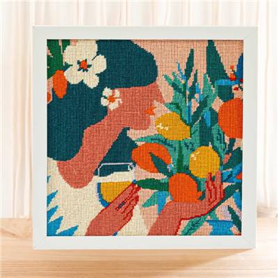 CANEVAS IMPRIME BLANC - DESSIN 30 X 30 CM - LA DAME AUX AGRUMES Broderie MILPOINT 