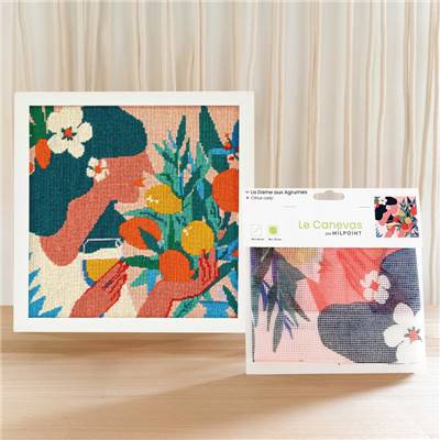 CANEVAS IMPRIME BLANC - DESSIN 30 X 30 CM - LA DAME AUX AGRUMES Broderie MILPOINT 