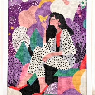 CANEVAS IMPRIME BLANC - DESSIN 40 X 50 CM - LA FEMME AU PAPILLON Broderie MILPOINT 