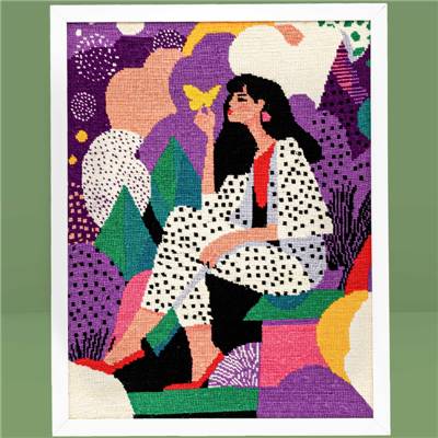 CANEVAS IMPRIME BLANC - DESSIN 40 X 50 CM - LA FEMME AU PAPILLON Broderie MILPOINT 
