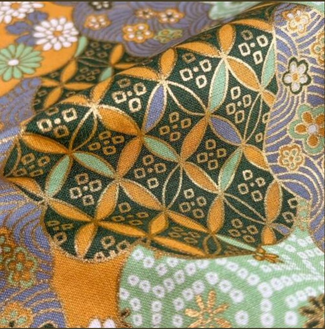 Coupon de Tissu Japonais - Chrysanthèmes et Géométrie Gris Lavande - NAKA FABRICS Tissus Naka Fabrics 