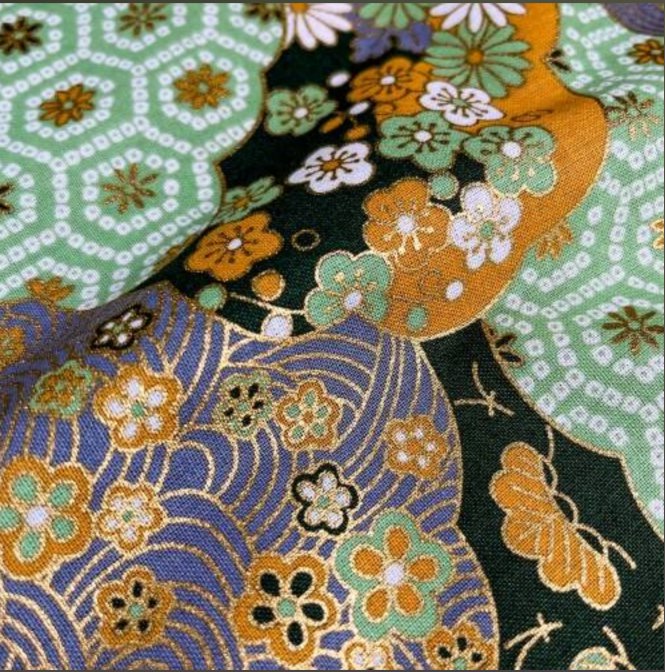 Coupon de Tissu Japonais - Chrysanthèmes et Géométrie Gris Lavande - NAKA FABRICS Tissus Naka Fabrics 