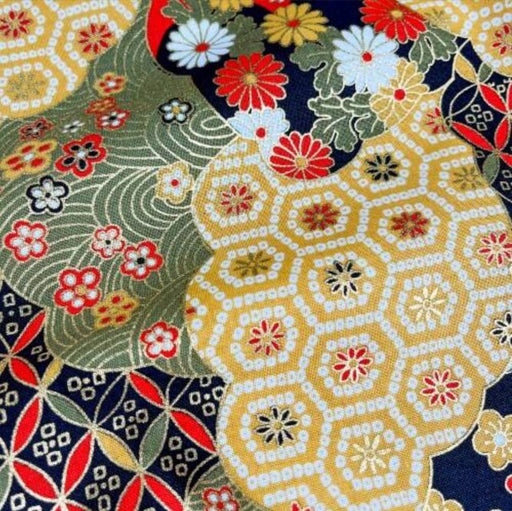 Coupon de Tissu Japonais - Chrysanthèmes et Vagues Dorées Kaki - NAKA FABRICS Tissus Naka Fabrics 