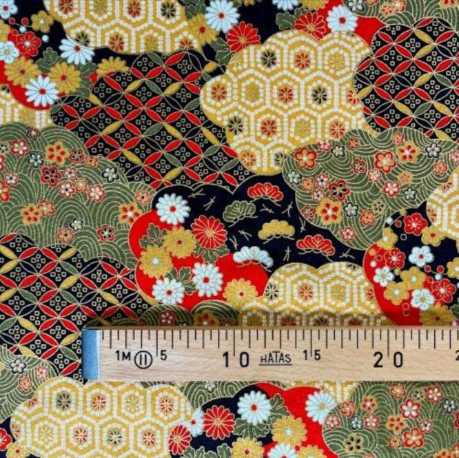 Coupon de Tissu Japonais - Chrysanthèmes et Vagues Dorées Kaki - NAKA FABRICS Tissus Naka Fabrics 