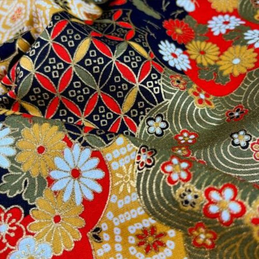 Coupon de Tissu Japonais - Chrysanthèmes et Vagues Dorées Kaki - NAKA FABRICS Tissus Naka Fabrics 