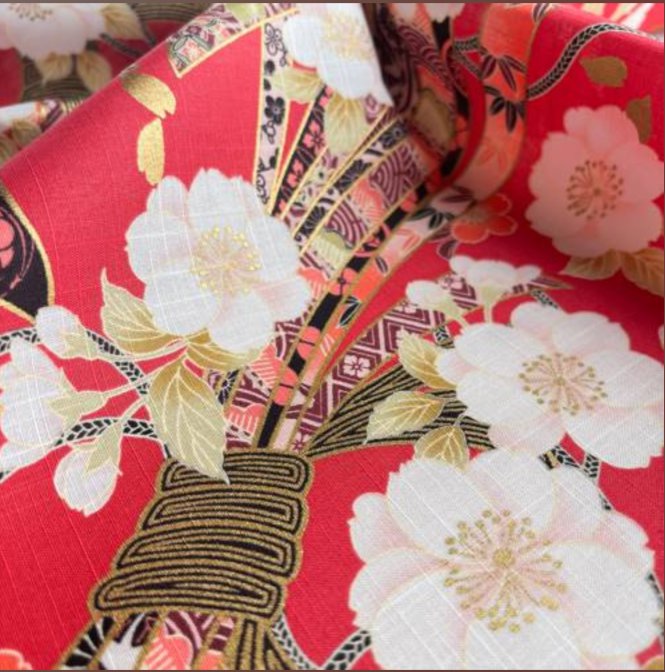 Coupon de Tissu Japonais - Fleurs de Cerisier et Papillons Roses - NAKA FABRICS Tissus Naka Fabrics 