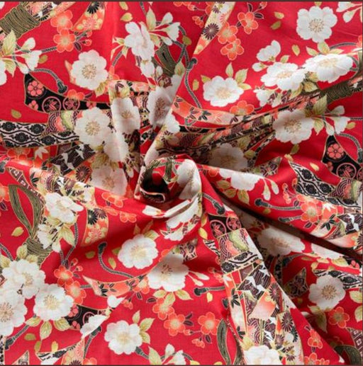 Coupon de Tissu Japonais - Fleurs de Cerisier et Papillons Roses - NAKA FABRICS Tissus Naka Fabrics 
