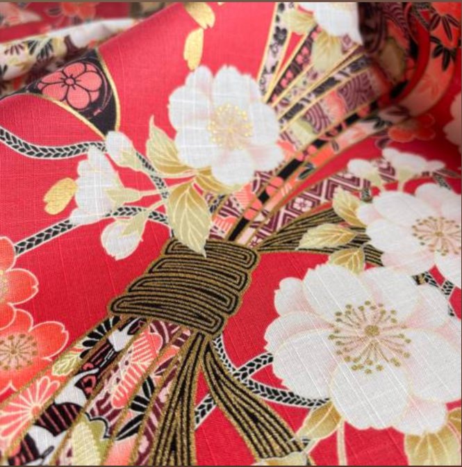 Coupon de Tissu Japonais - Fleurs de Cerisier et Papillons Roses - NAKA FABRICS Tissus Naka Fabrics 