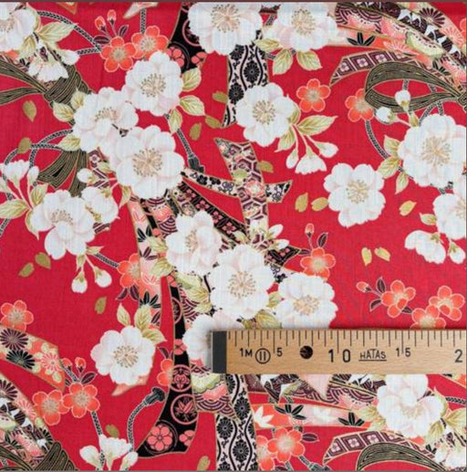 Coupon de Tissu Japonais - Fleurs de Cerisier et Papillons Roses - NAKA FABRICS Tissus Naka Fabrics 