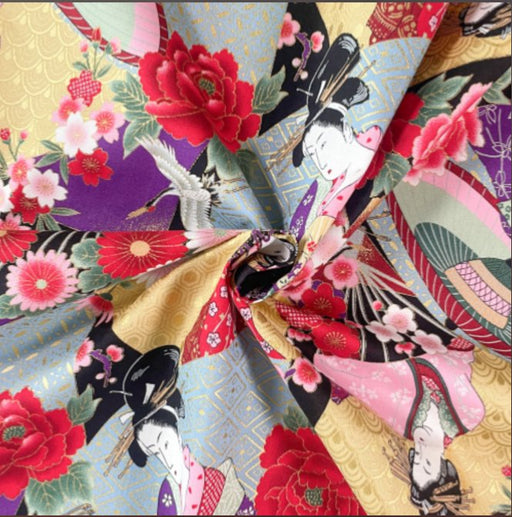 Coupon de Tissu Japonais - Gris Pivoines Oiseaux - NAKA FABRICS Tissus Naka Fabrics 
