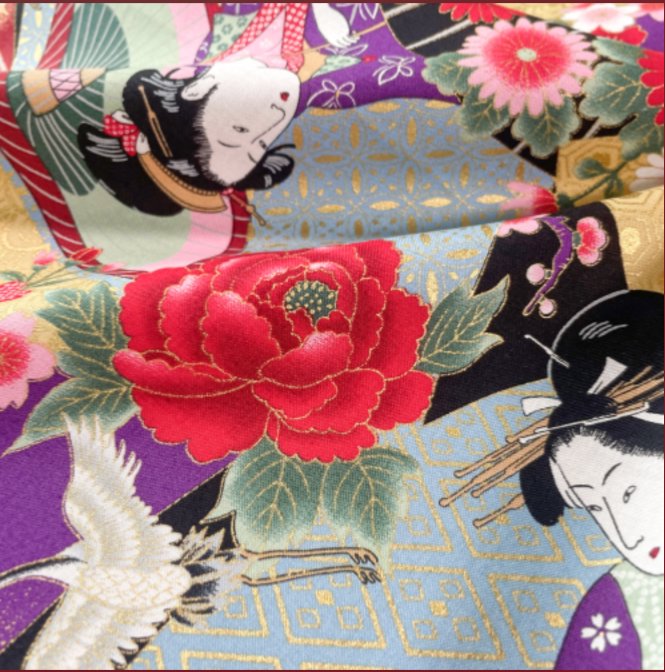 Coupon de Tissu Japonais - Gris Pivoines Oiseaux - NAKA FABRICS Tissus Naka Fabrics 