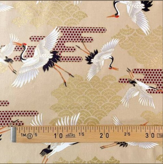 Coupon de Tissu Japonais - Grues et Pins sur Beige Naturel - NAKA FABRICS Tissus Naka Fabrics 