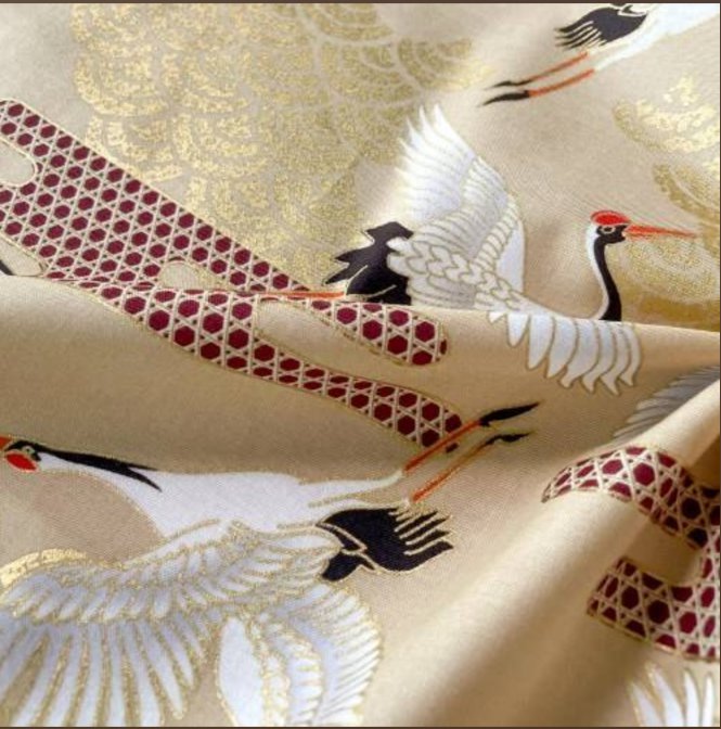 Coupon de Tissu Japonais - Grues et Pins sur Beige Naturel - NAKA FABRICS Tissus Naka Fabrics 