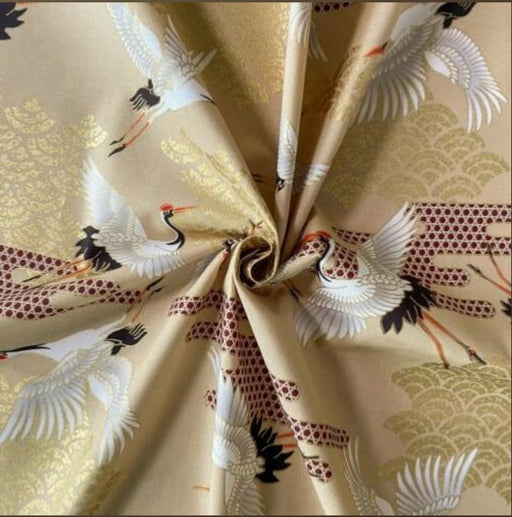 Coupon de Tissu Japonais - Grues et Pins sur Beige Naturel - NAKA FABRICS Tissus Naka Fabrics 