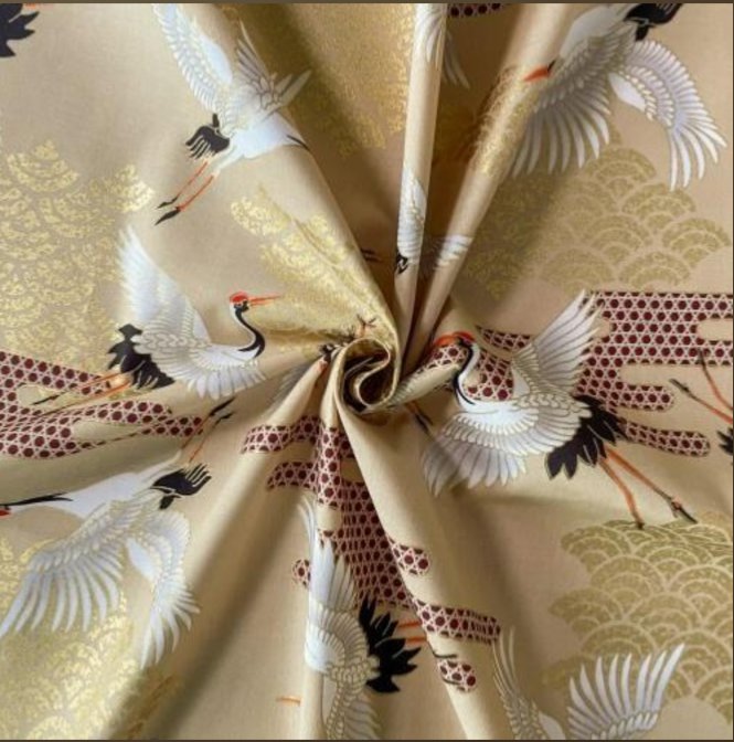 Coupon de Tissu Japonais - Grues et Pins sur Beige Naturel - NAKA FABRICS Tissus Naka Fabrics 