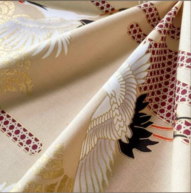 Coupon de Tissu Japonais - Grues et Pins sur Beige Naturel - NAKA FABRICS Tissus Naka Fabrics 