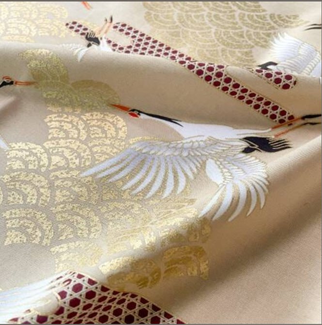 Coupon de Tissu Japonais - Grues et Pins sur Beige Naturel - NAKA FABRICS Tissus Naka Fabrics 
