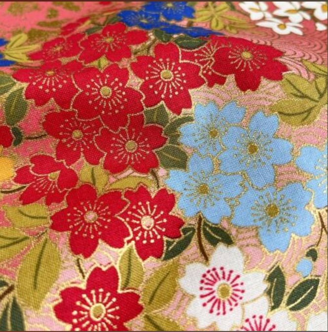Coupon de Tissu Japonais - Jardin Floral Multicolore sur Rose Doré - NAKA FABRICS Tissus Naka Fabrics 