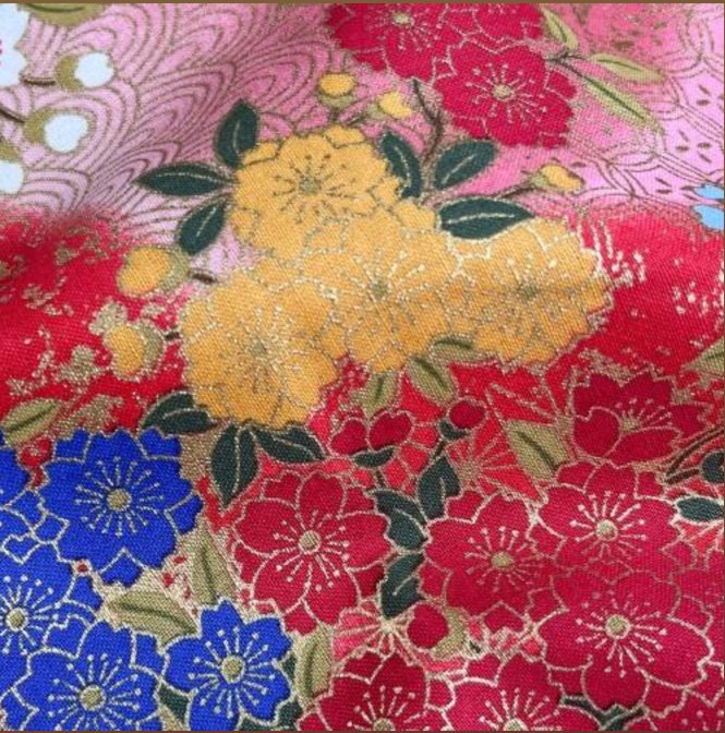 Coupon de Tissu Japonais - Jardin Floral Multicolore sur Rose Doré - NAKA FABRICS Tissus Naka Fabrics 