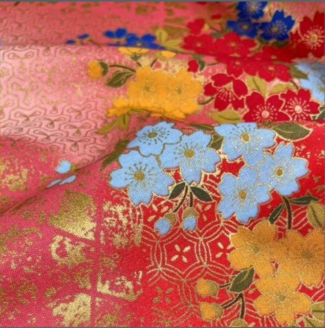 Coupon de Tissu Japonais - Jardin Floral Multicolore sur Rose Doré - NAKA FABRICS Tissus Naka Fabrics 