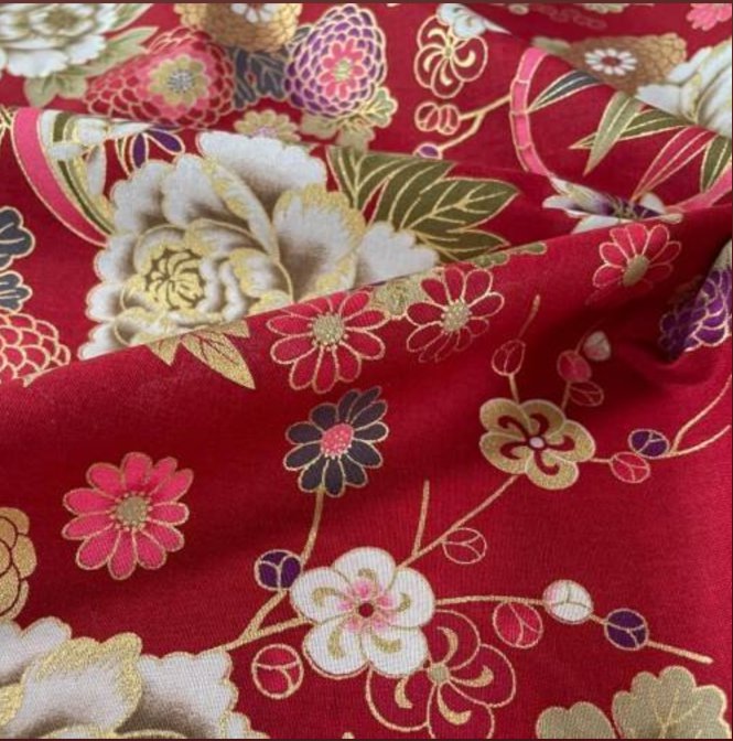 Coupon de Tissu Japonais - Jardin Précieux sur Rouge Bordeaux - NAKA FABRICS Tissus Naka Fabrics 
