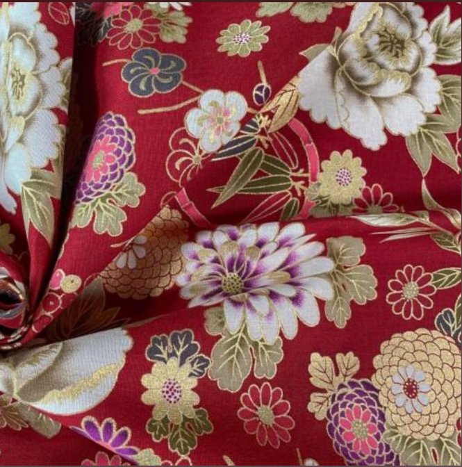 Coupon de Tissu Japonais - Jardin Précieux sur Rouge Bordeaux - NAKA FABRICS Tissus Naka Fabrics 