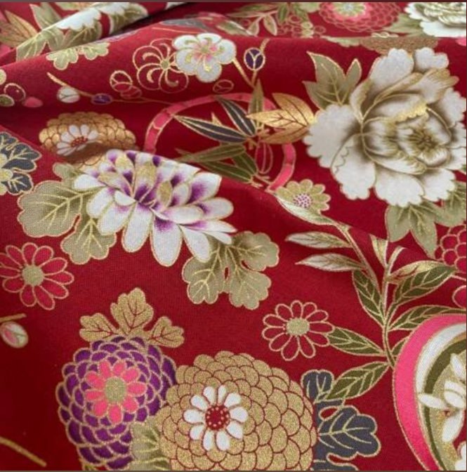 Coupon de Tissu Japonais - Jardin Précieux sur Rouge Bordeaux - NAKA FABRICS Tissus Naka Fabrics 