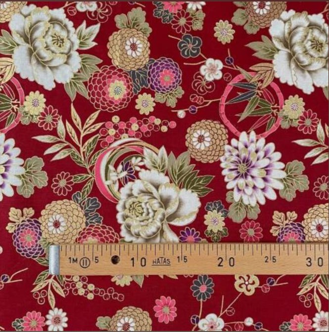Coupon de Tissu Japonais - Jardin Précieux sur Rouge Bordeaux - NAKA FABRICS Tissus Naka Fabrics 