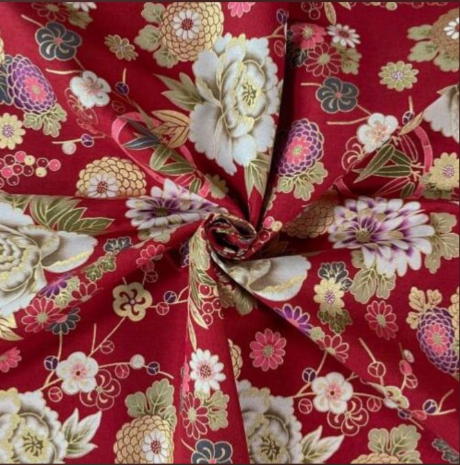 Coupon de Tissu Japonais - Jardin Précieux sur Rouge Bordeaux - NAKA FABRICS Tissus Naka Fabrics 