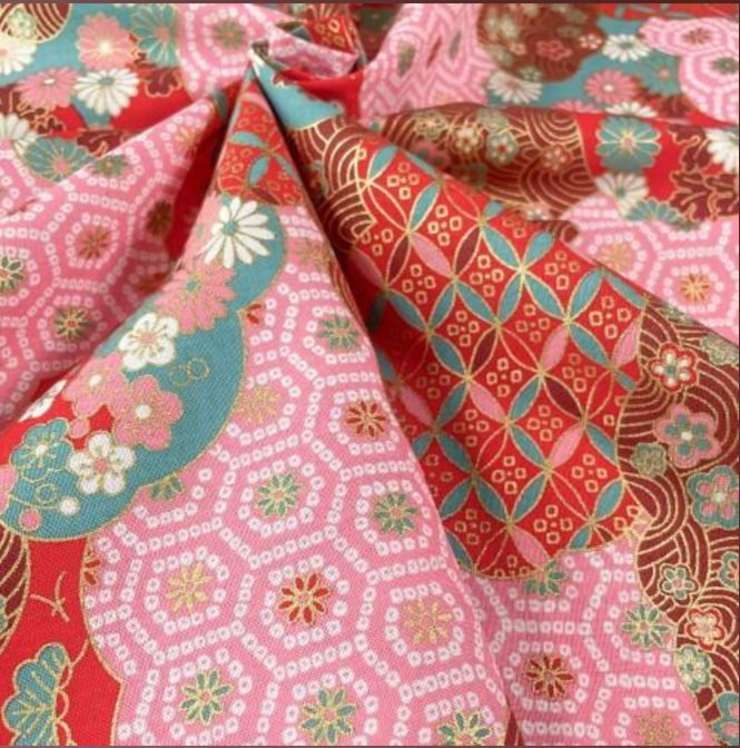 Coupon de Tissu Japonais - Mosaïque Rose et Turquoise Réversible - NAKA FABRICS Tissus Naka Fabrics 