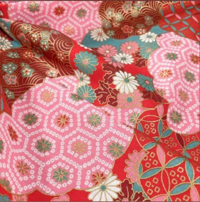 Coupon de Tissu Japonais - Mosaïque Rose et Turquoise Réversible - NAKA FABRICS Tissus Naka Fabrics 