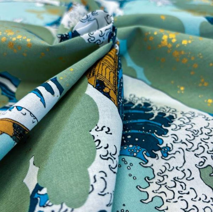 Coupon Tissu Japonais - Vagues Hokusai Bleu Ciel et Or - NAKA FABRICS Tissus Naka Fabrics 