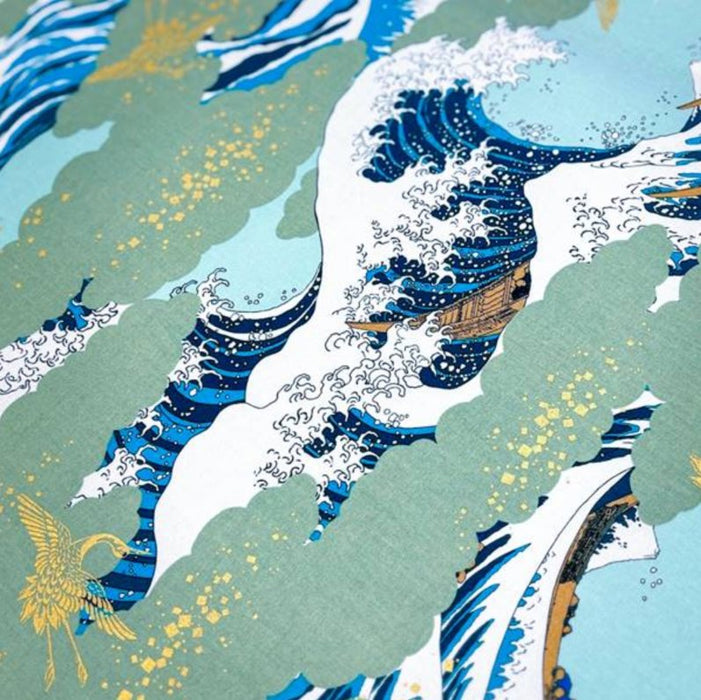 Coupon Tissu Japonais - Vagues Hokusai Bleu Ciel et Or - NAKA FABRICS Tissus Naka Fabrics 