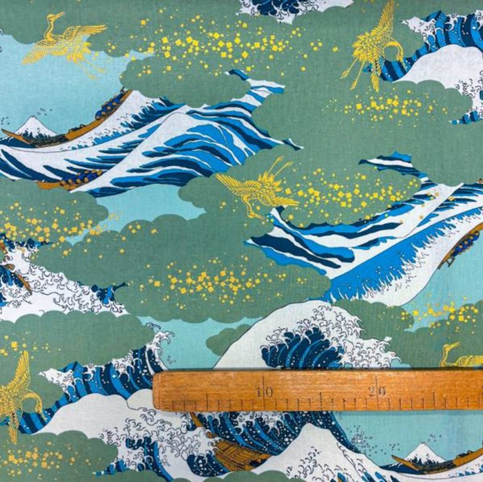 Coupon Tissu Japonais - Vagues Hokusai Bleu Ciel et Or - NAKA FABRICS Tissus Naka Fabrics 