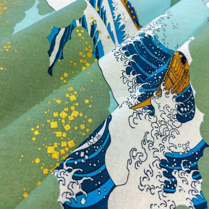 Coupon Tissu Japonais - Vagues Hokusai Bleu Ciel et Or - NAKA FABRICS Tissus Naka Fabrics 