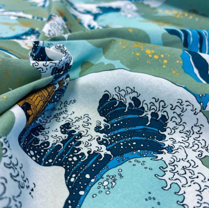 Coupon Tissu Japonais - Vagues Hokusai Bleu Ciel et Or - NAKA FABRICS Tissus Naka Fabrics 