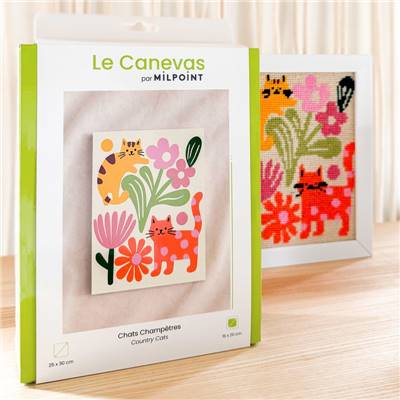 KIT CANEVAS COMPLET - DESSIN 15 X 20 CM - CHATS CHAMPETRES Broderie MILPOINT 