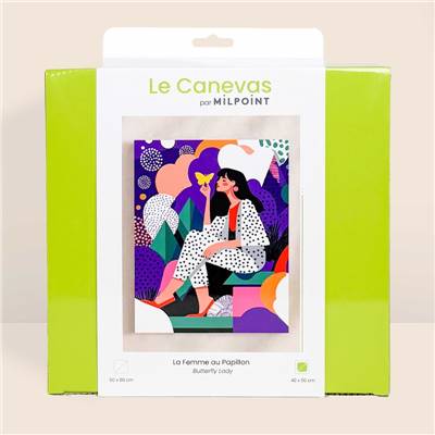 KIT CANEVAS COMPLET - DESSIN 40 X 50 CM - LA FEMME AU PAPILLON Broderie MILPOINT 