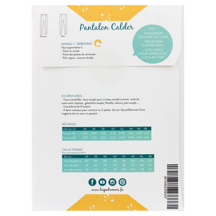 Patron Pantalon CALDER - Les Patronnes Patron Les patronnes 