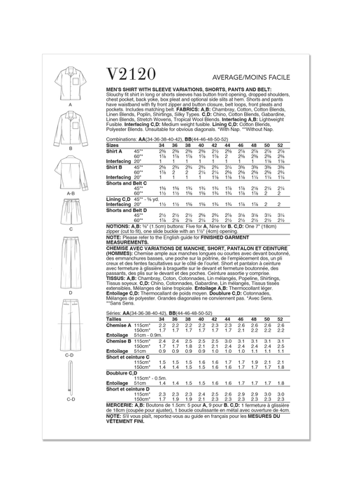 Patron Vogue - Ceinture, Chemise, Pantalon, Short Patron Vogue 