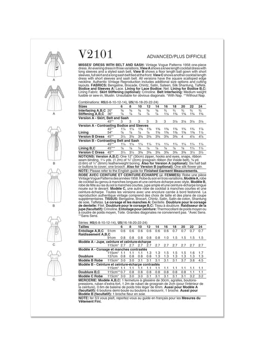 Patron Vogue - Ceinture, Corsage, Jupe, Robe Patron Vogue 