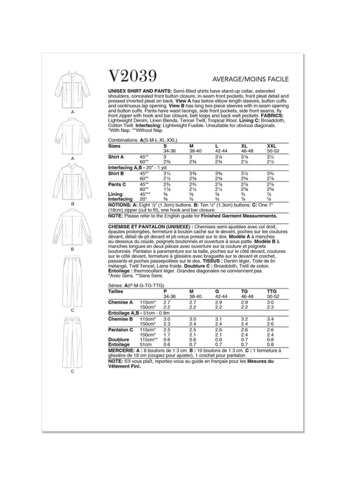 Patron Vogue - Chemise, Pantalon Patron Vogue 