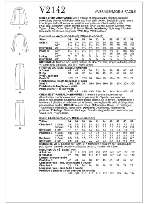 Patron Vogue - Chemise, Pantalon Patron Vogue 