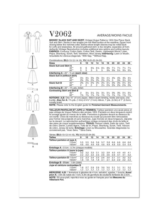 Patron Vogue - Corsage, Jupe, Pantalon Patron Vogue 