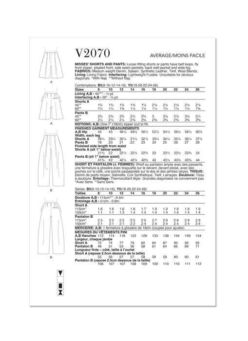Patron Vogue - Pantalon, Short Patron Vogue 